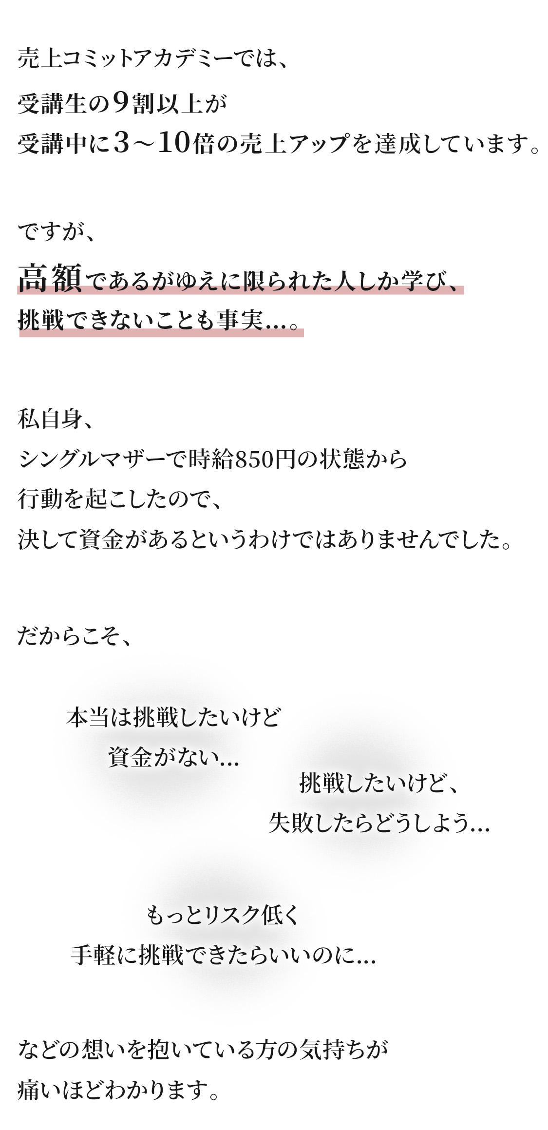 売上コミットアカデミーでは、受講生の9割以上が受講中に3〜10倍の売上アップを達成しています。